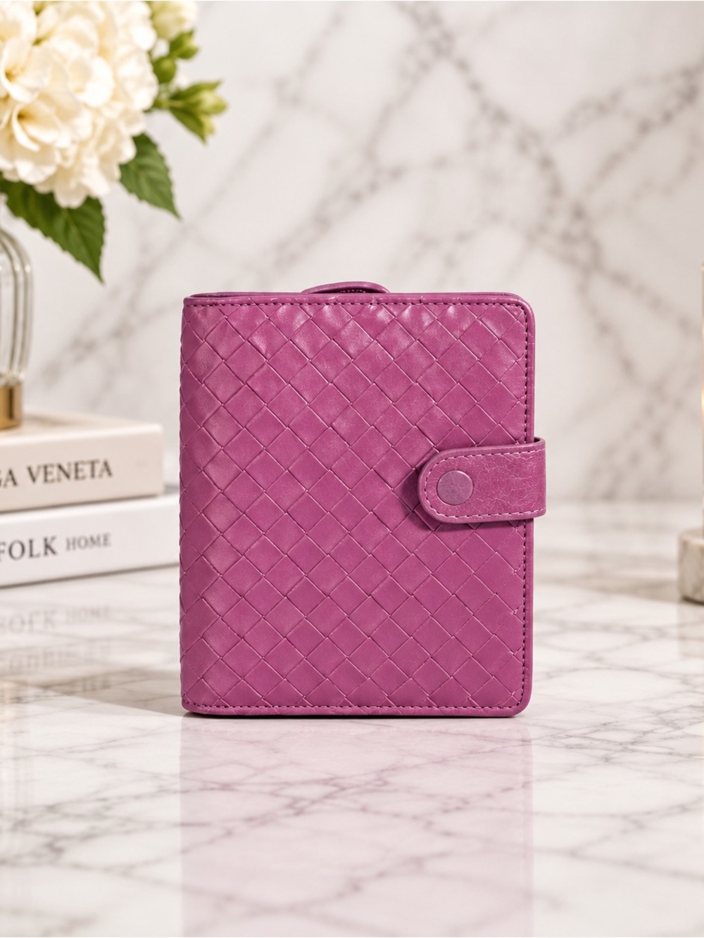 Bottega Veneta Lilac Purple Intrecciato Leather Compact Wallet Full Inclusion